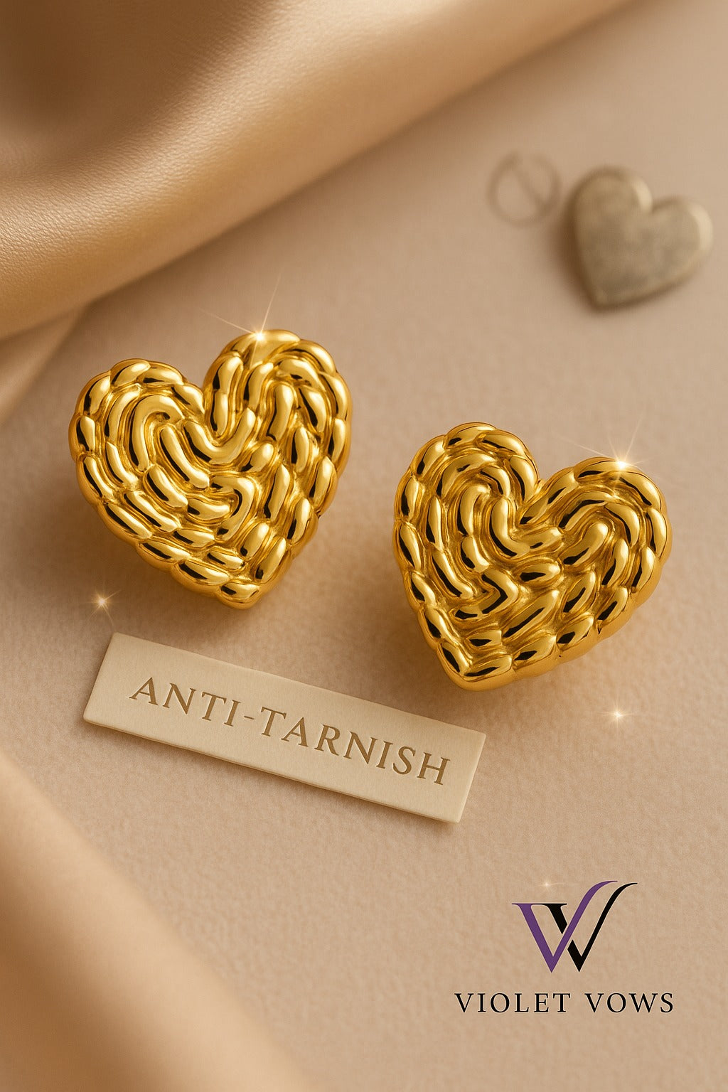 Textured Weave Golden Heart Earrings - Romantic and Modern Studs