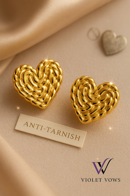Textured Weave Golden Heart Earrings - Romantic and Modern Studs