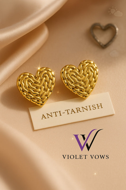 Textured Weave Golden Heart Earrings - Romantic and Modern Studs