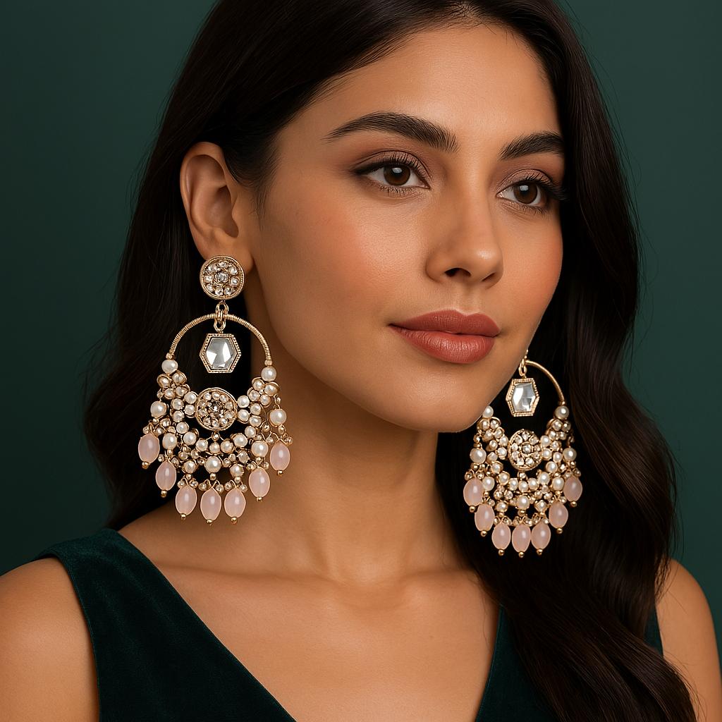 Daman : Gold Plated Kundan Drop Earrings  - Pink