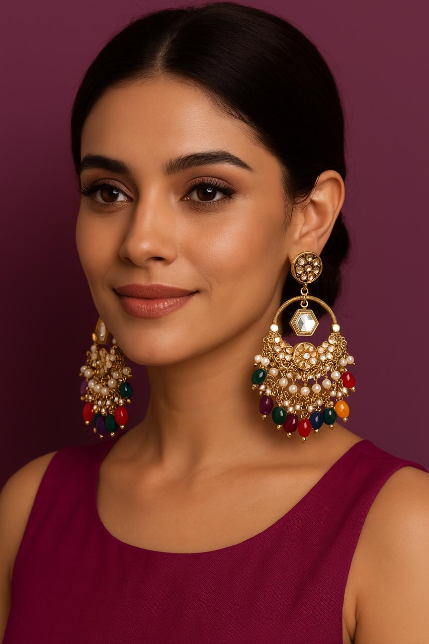Daman : Gold Plated Kundan Drop Earrings - Multicolor