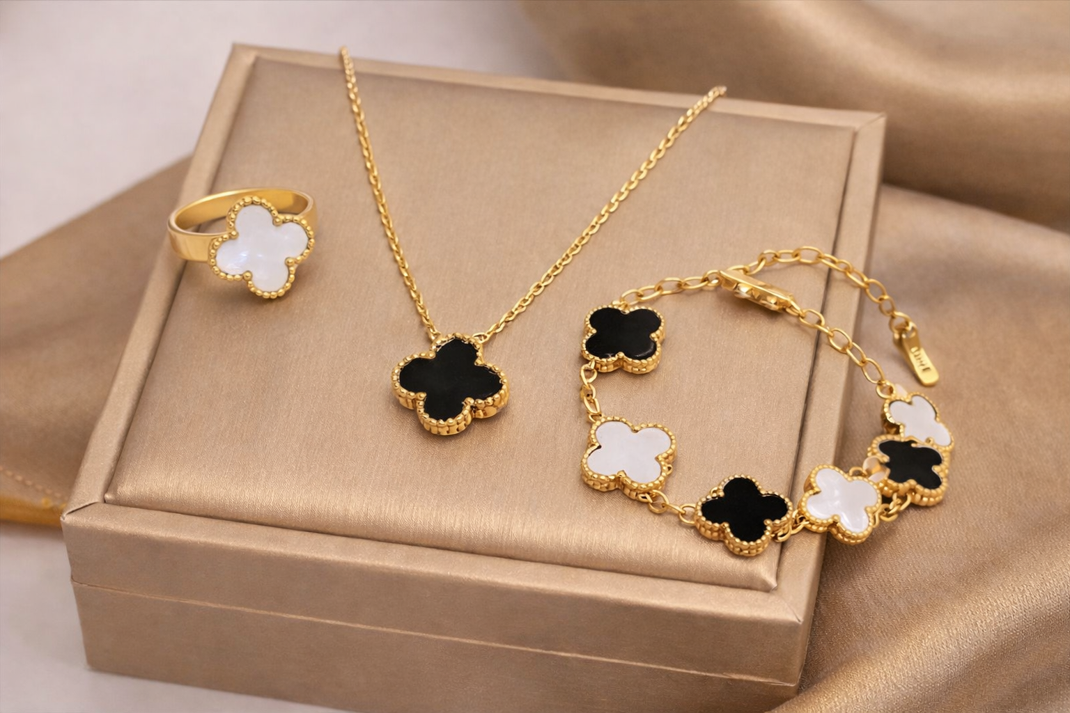 White & Black Clover Gold Plated Jewelry Set | Necklace, Bracelet & Adjustable Ring