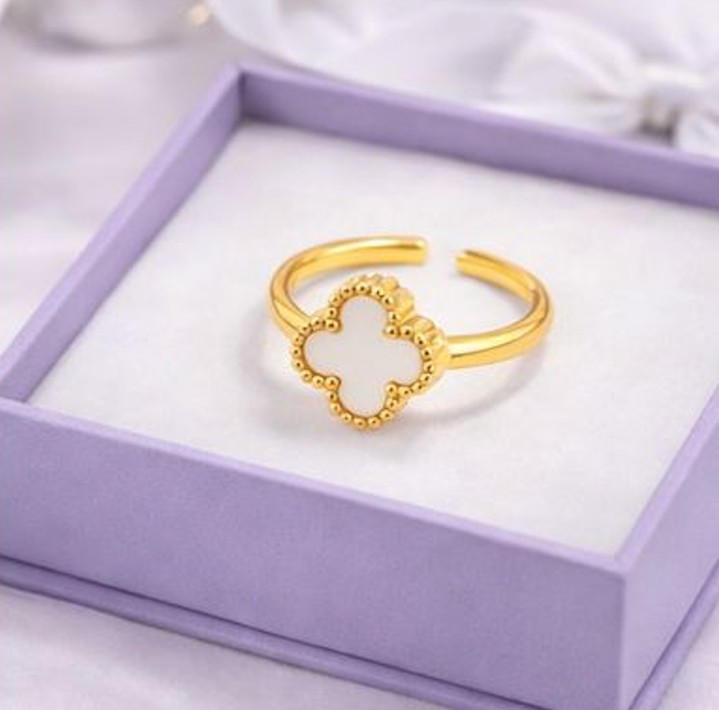 White Clover Adjustable Ring for Women – Gold Finish Elegant Floral Ring