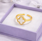 White Clover Adjustable Ring for Women – Gold Finish Elegant Floral Ring
