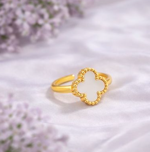 White Clover Adjustable Ring for Women – Gold Finish Elegant Floral Ring