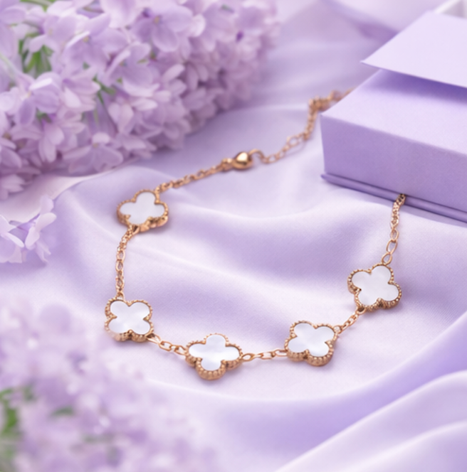 White Clover Flower Bracelet for Women – Gold Chain Elegant Charm Bracelet