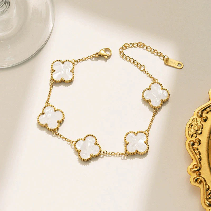 White Clover Flower Bracelet for Women – Gold Chain Elegant Charm Bracelet