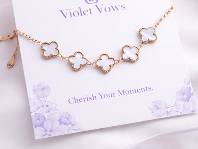 White Clover Flower Bracelet for Women – Gold Chain Elegant Charm Bracelet