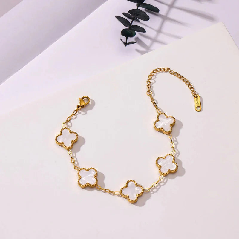 White Clover Flower Bracelet for Women – Gold Chain Elegant Charm Bracelet