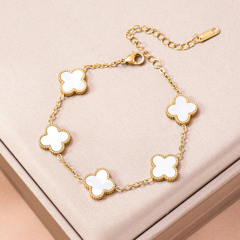 White Clover Flower Bracelet for Women – Gold Chain Elegant Charm Bracelet