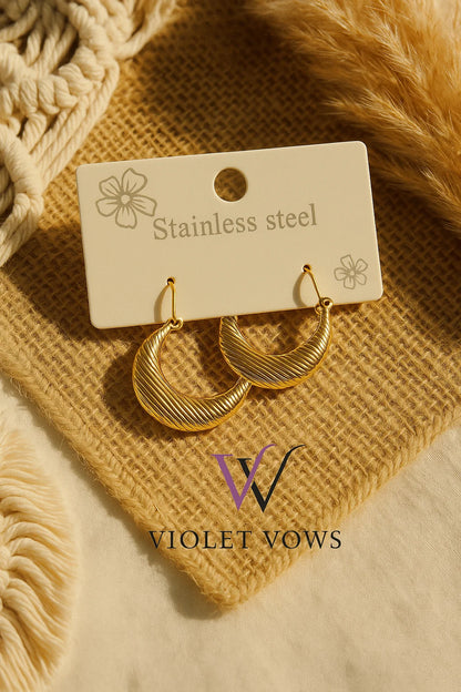Golden Crescent Hoops - Sculptural Ribbed Earrings