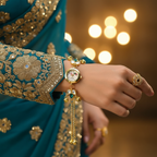 Blue green gem bracelet watch on bridal sleeve
