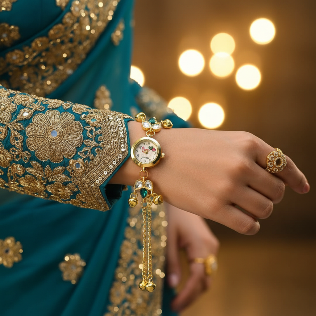 Blue green gem bracelet watch on bridal sleeve