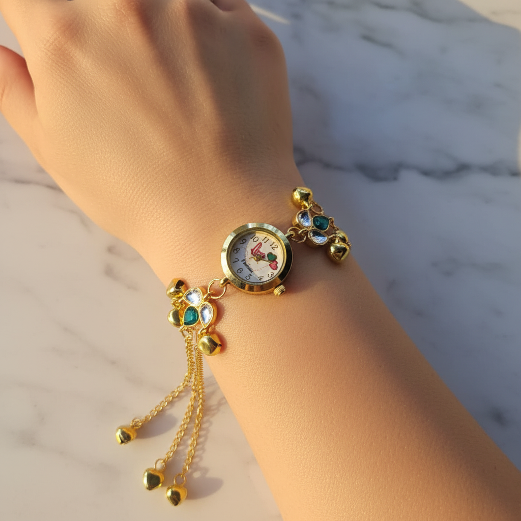 Blue green gem bracelet watch on marble background