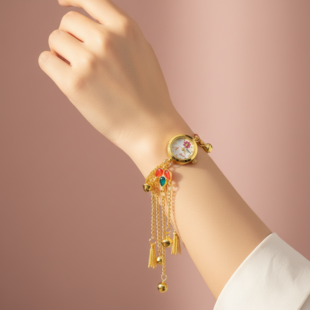 Butterfly bracelet watch on wrist against blush background