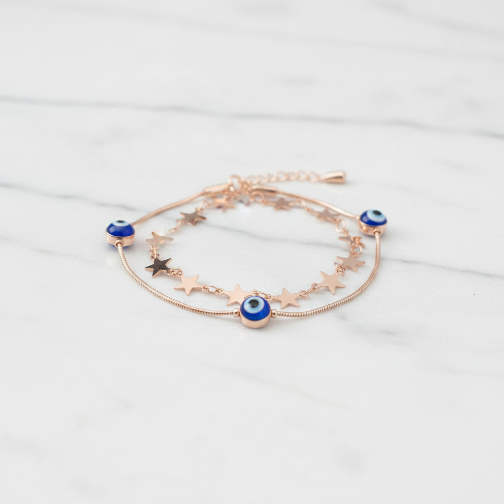 Rose Gold Double Layer Evil Eye & Star Chain Bracelet