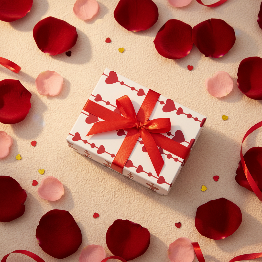Flat lay with rose petals