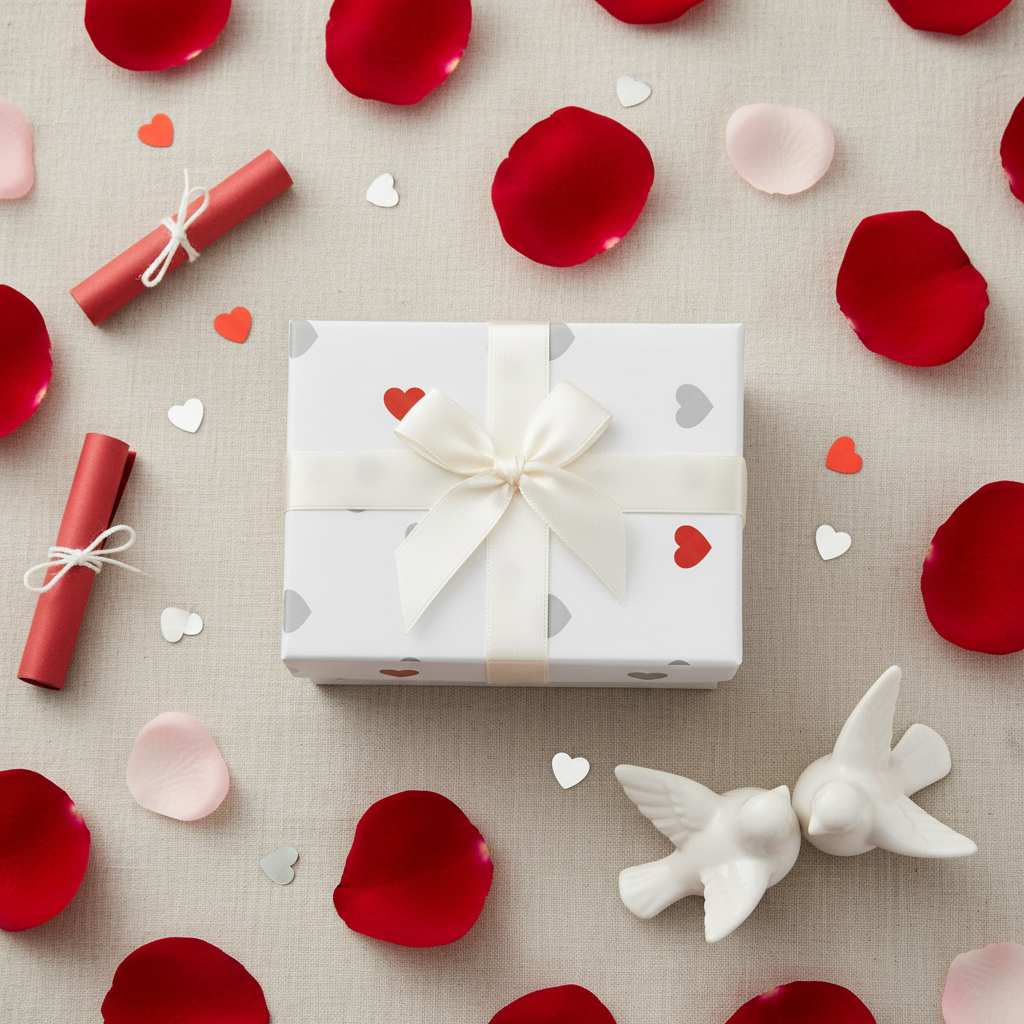 Flat lay with rose petals