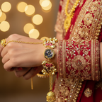 Bridal bracelet watch with ghungroo and elephant charms on embroidered sleeve