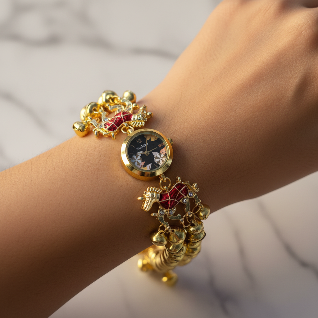 Bracelet watch with elephant charms on marble background