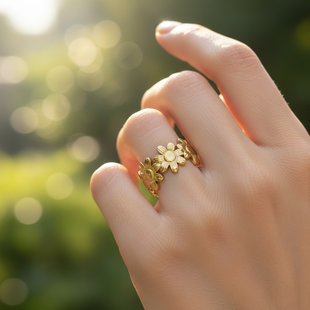 Gold Daisy Flower Open Cuff Ring | Anti-Tarnish
