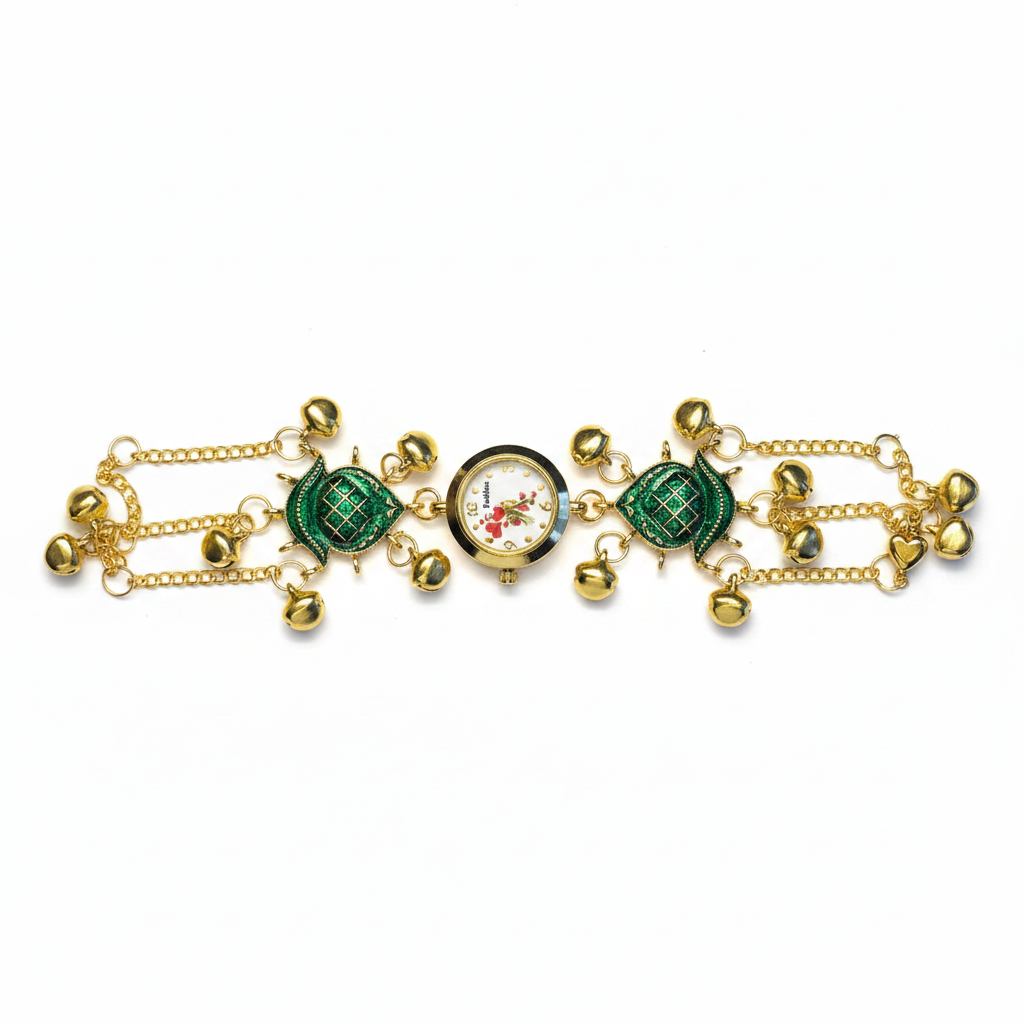 Green meenakari bracelet watch flat lay