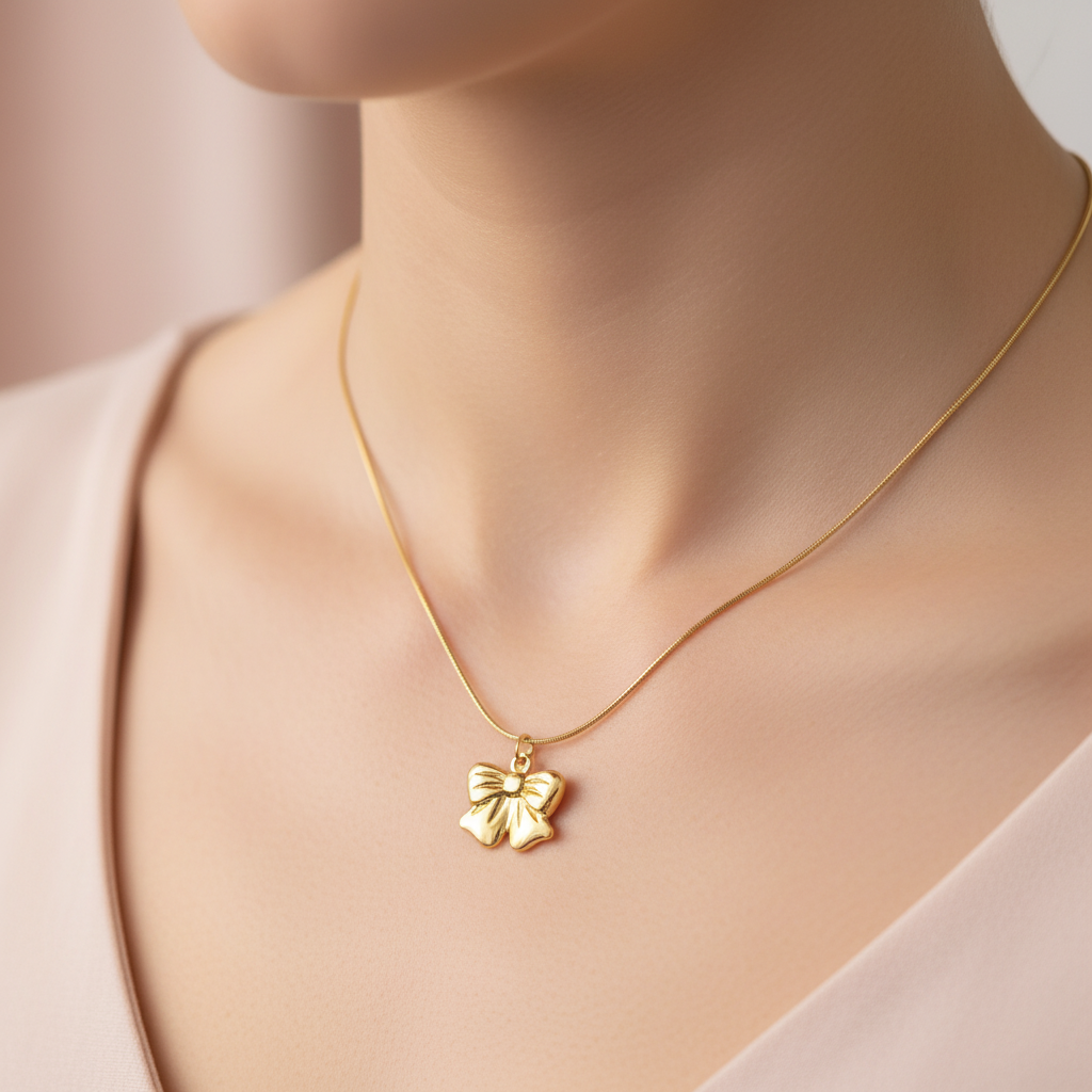 Gold 3D Bow Pendant Necklace - Stainless Steel Gold Snake Chain