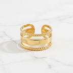 Gold Wide Cuff Layered Rope & Smooth Band Open Ring - white marble product shot