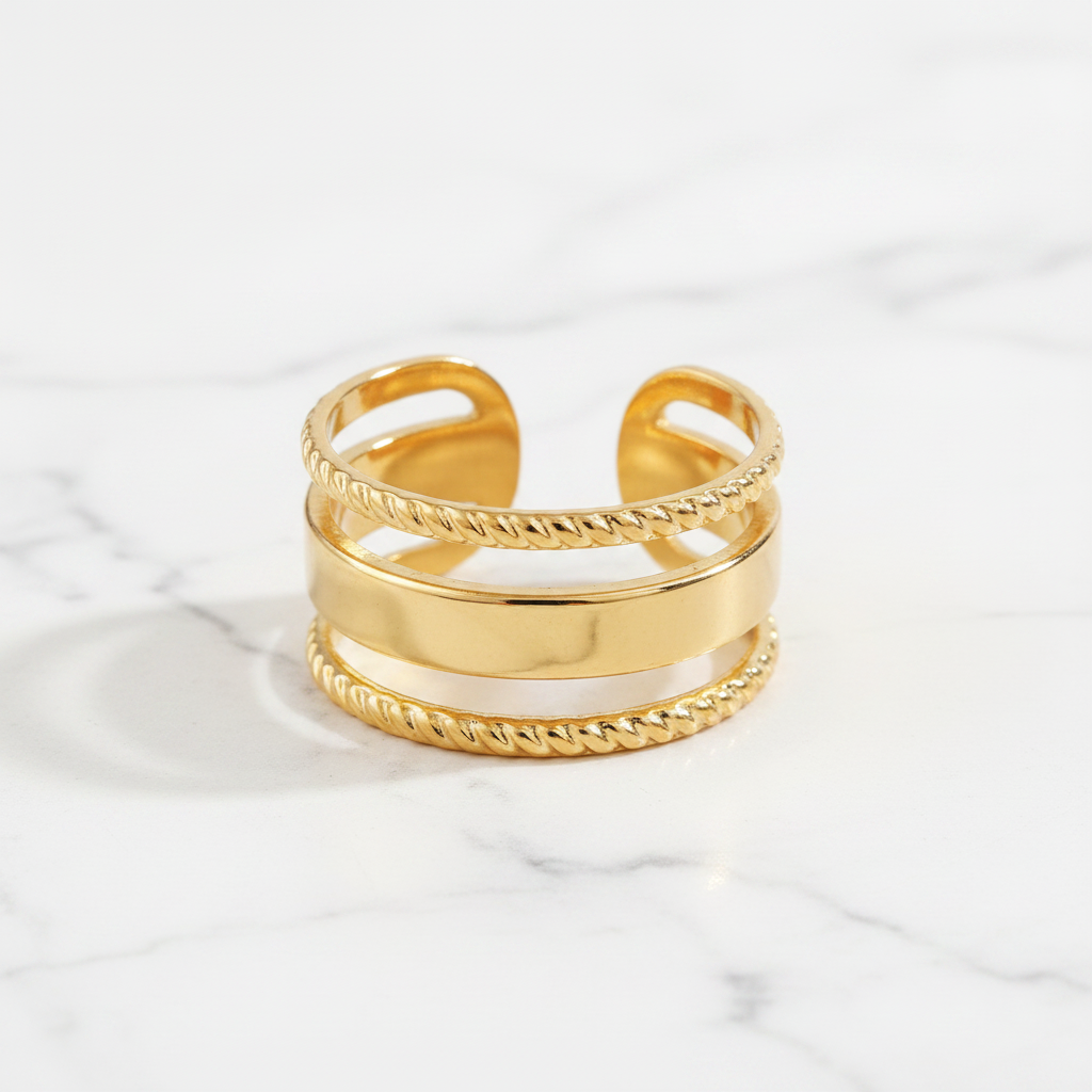 Gold Wide Cuff Layered Rope & Smooth Band Open Ring - white marble product shot