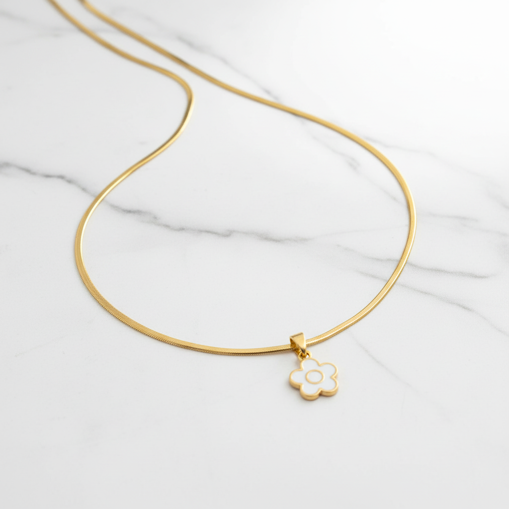 White Enamel Flower Pendant Necklace | Anti-Tarnish Gold Snake Chain
