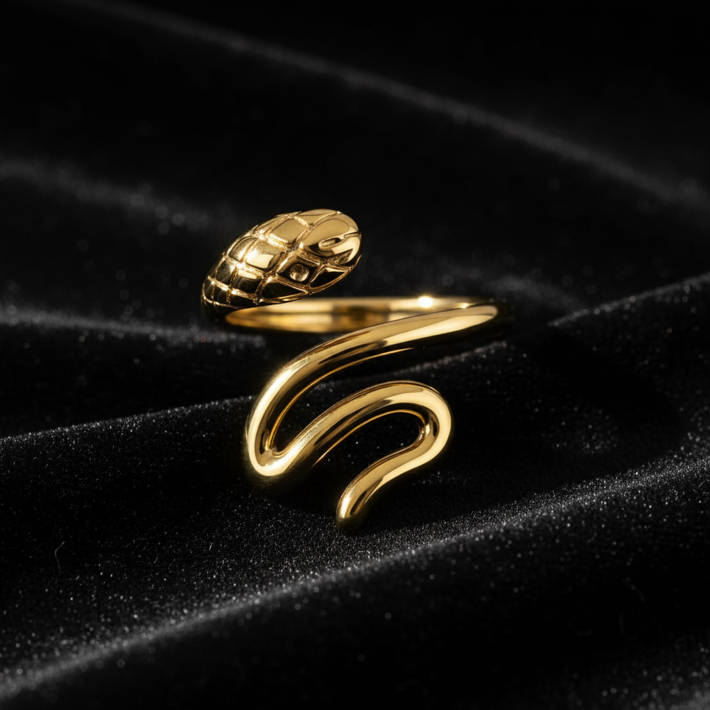 Gold Serpent Coil Wrap Open Ring - black velvet dramatic editorial shot