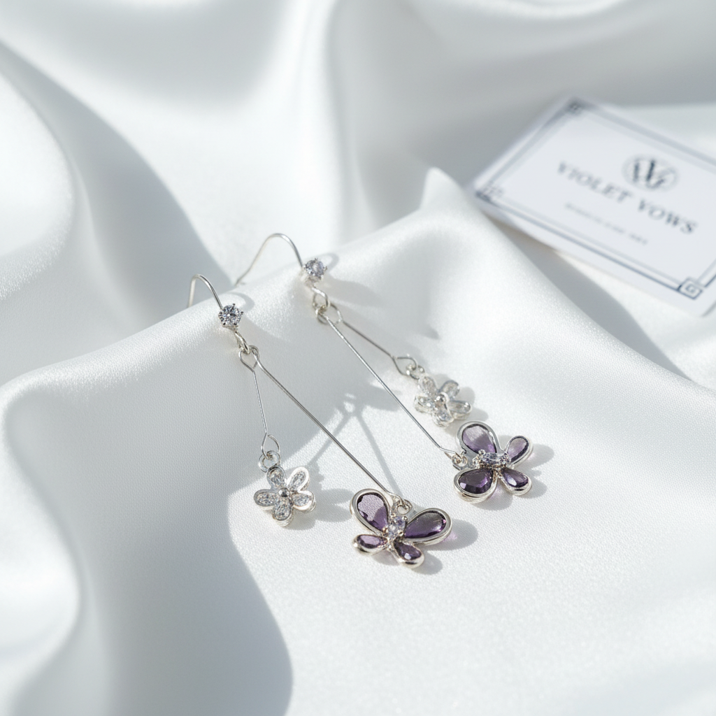 Purple Zircon Flower Drop Earrings