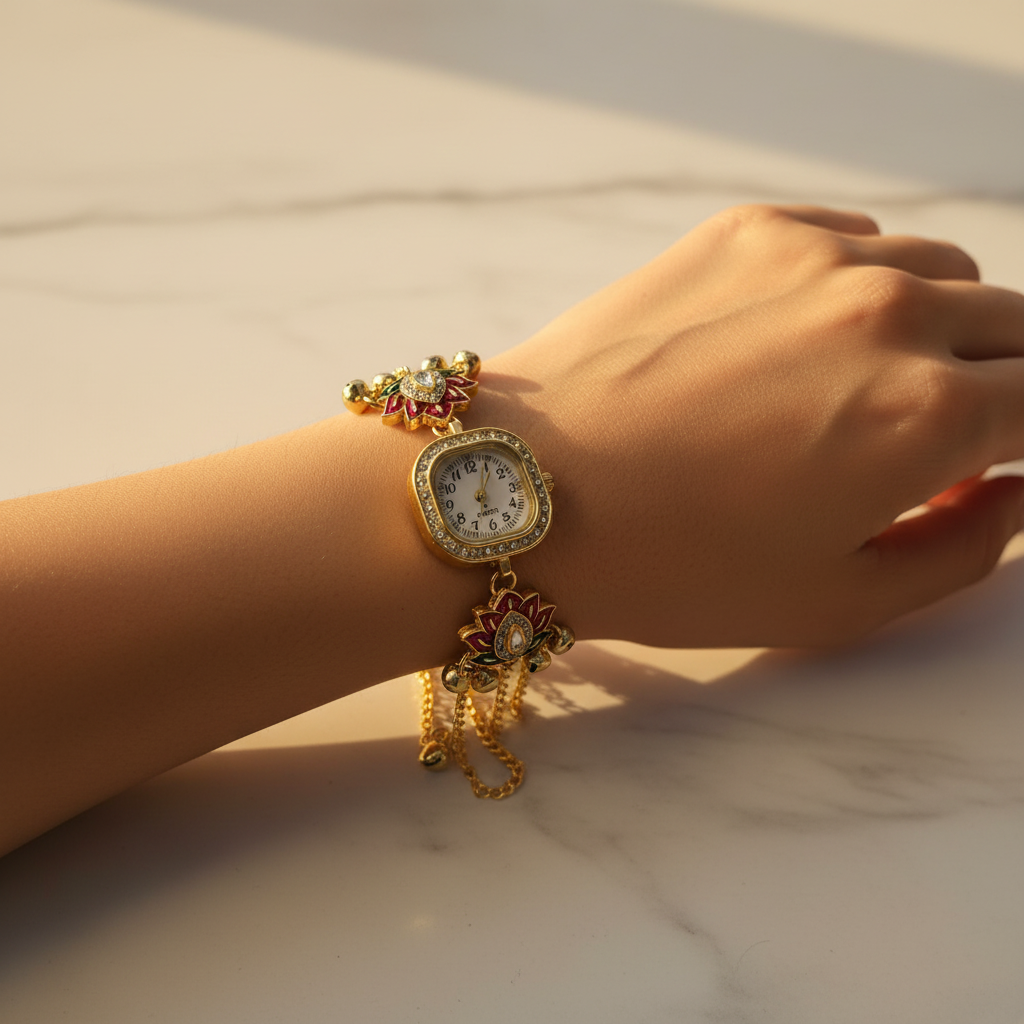 Pearl Lotus Watch Bracelet for Women | Ethnic Bracelet Watch with Lotus Charm