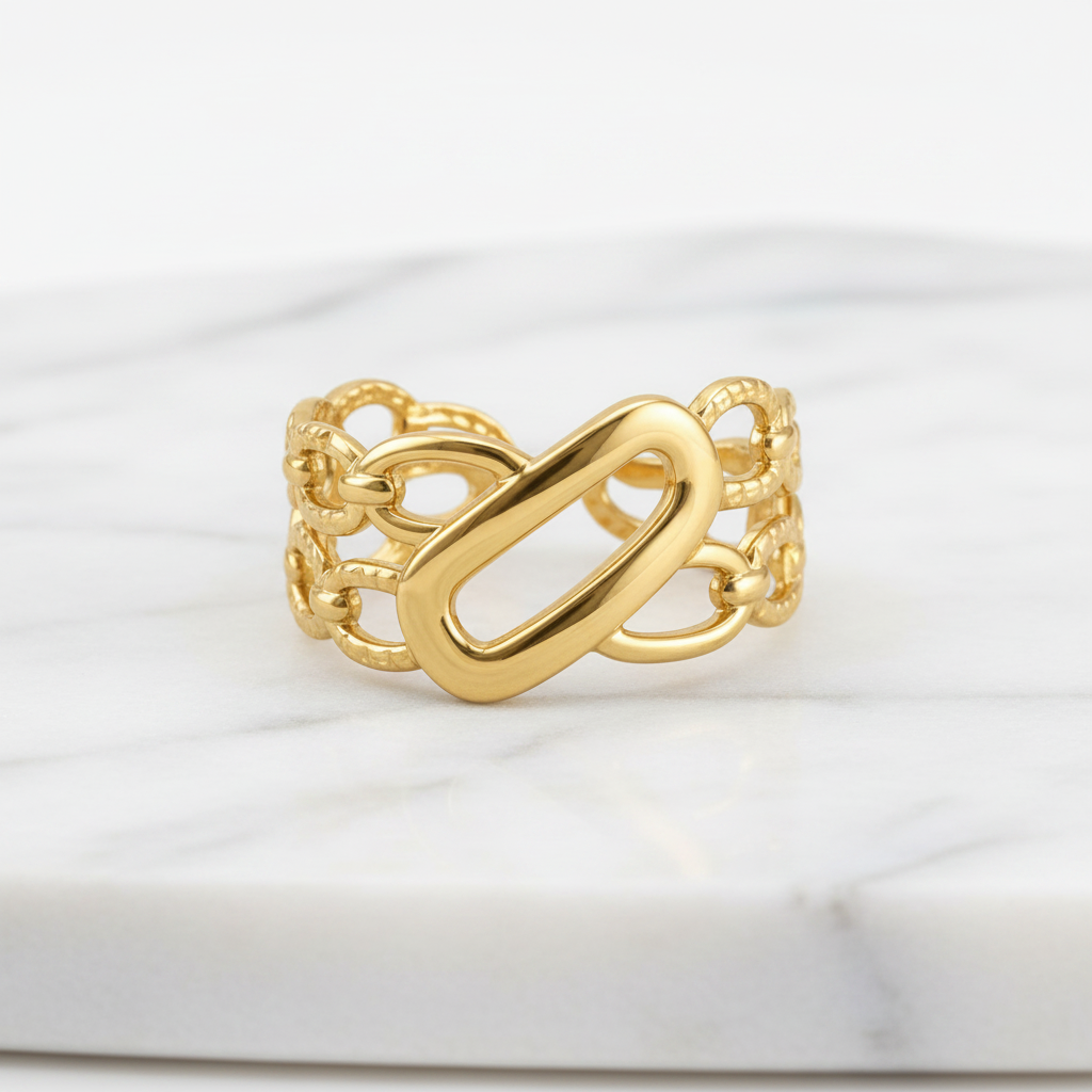 Gold Double Oval Link Chain Wide Band Open Ring - white marble product shot