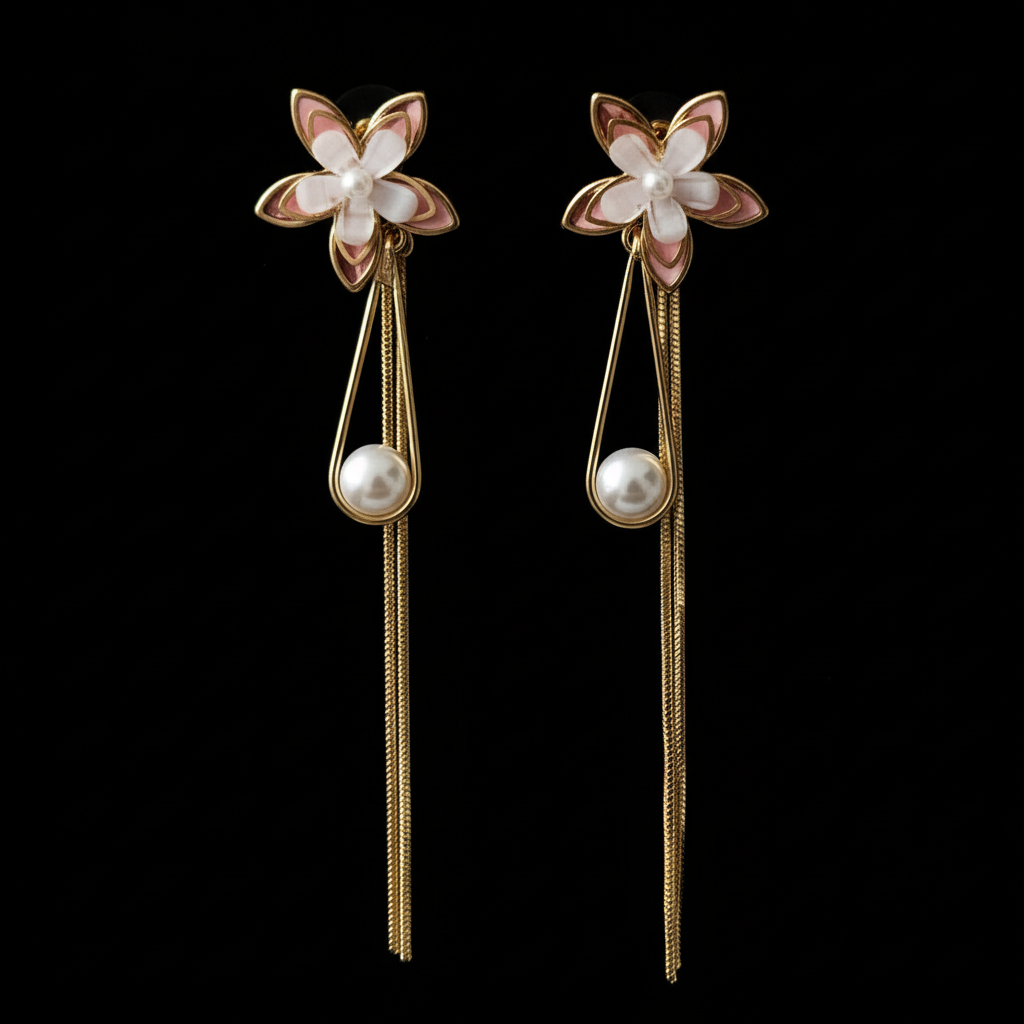 Gold Pink Flower Pearl Drop Earrings