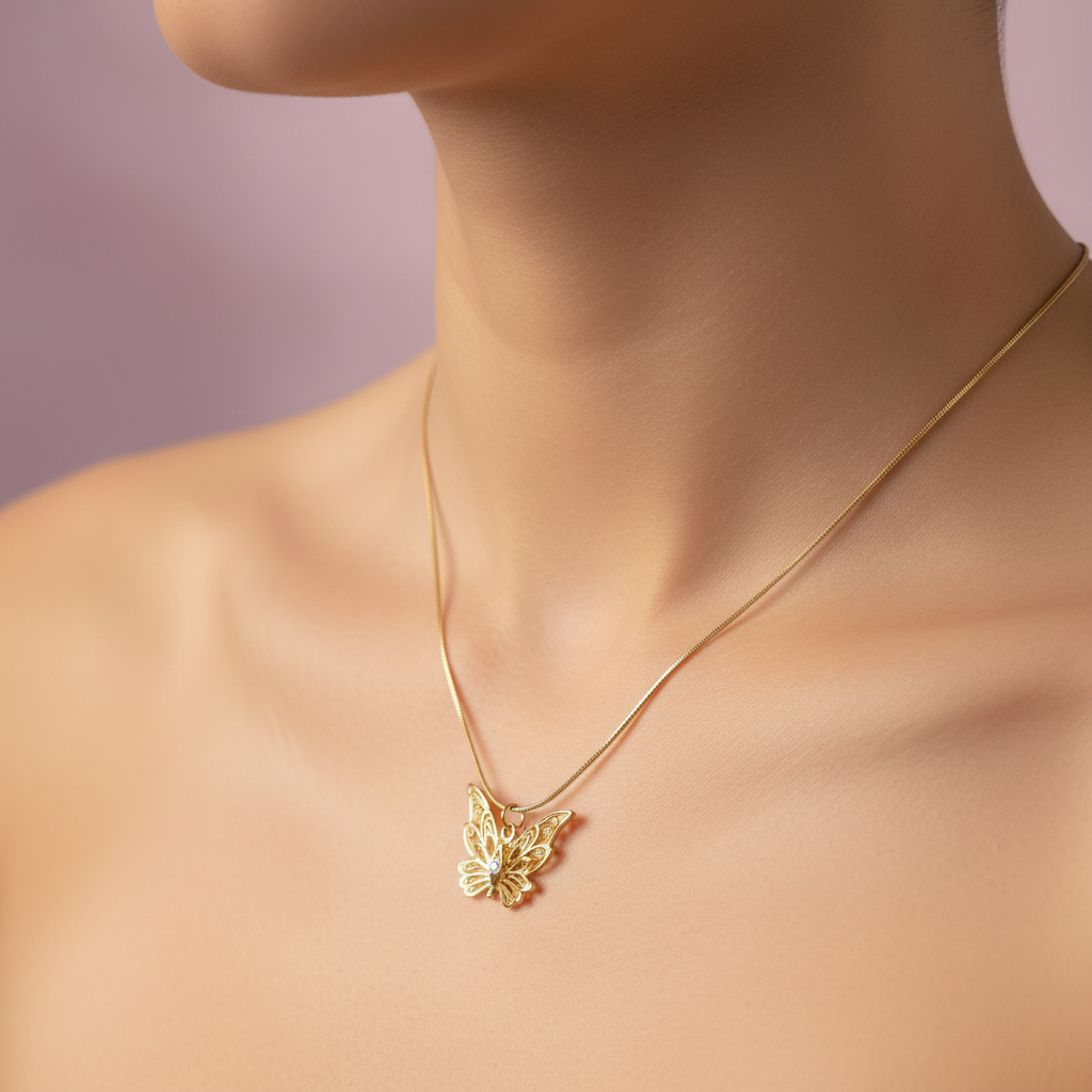 Gold Butterfly Pendant Necklace - Stainless Steel Snake Chain
