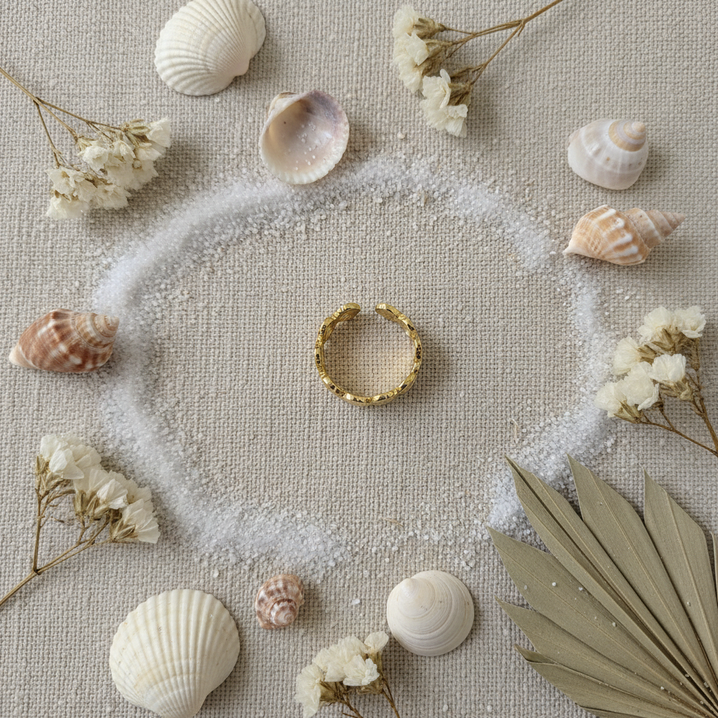 Gold seashell band ring flat lay with real seashells and fine white sand on linen
