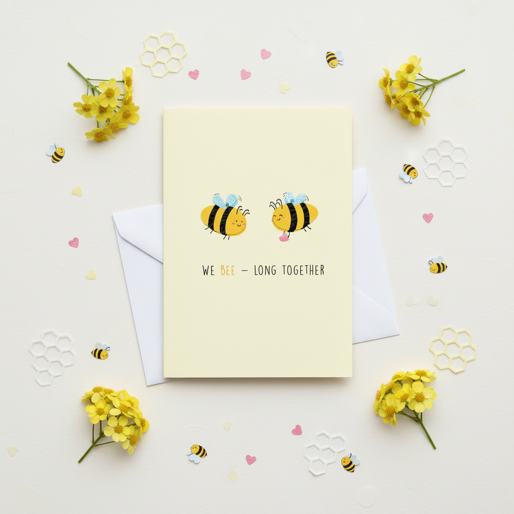 Flat lay composition of bee greeting card with envelope and bee-themed decorative elements