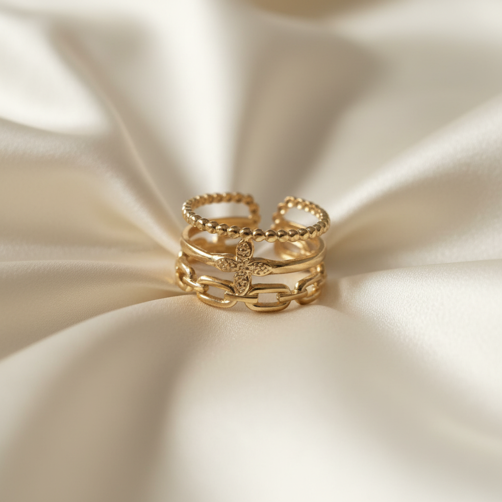 Gold Multi-Layer Beaded Cross & Chain Link Open Ring - cream silk fabric close-up