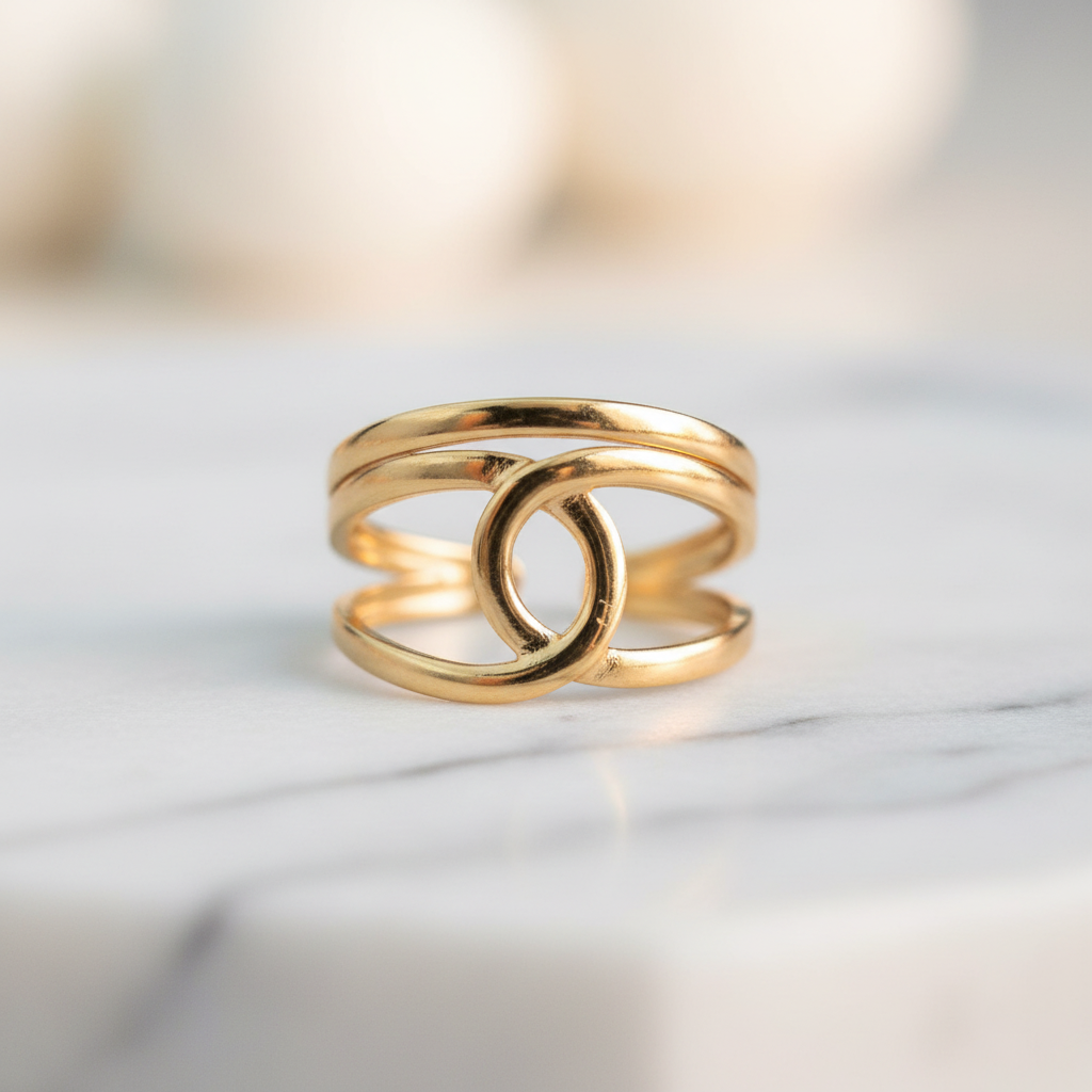 Gold Geometric Double Circle Wrap Adjustable Ring - Modern Statement Ring