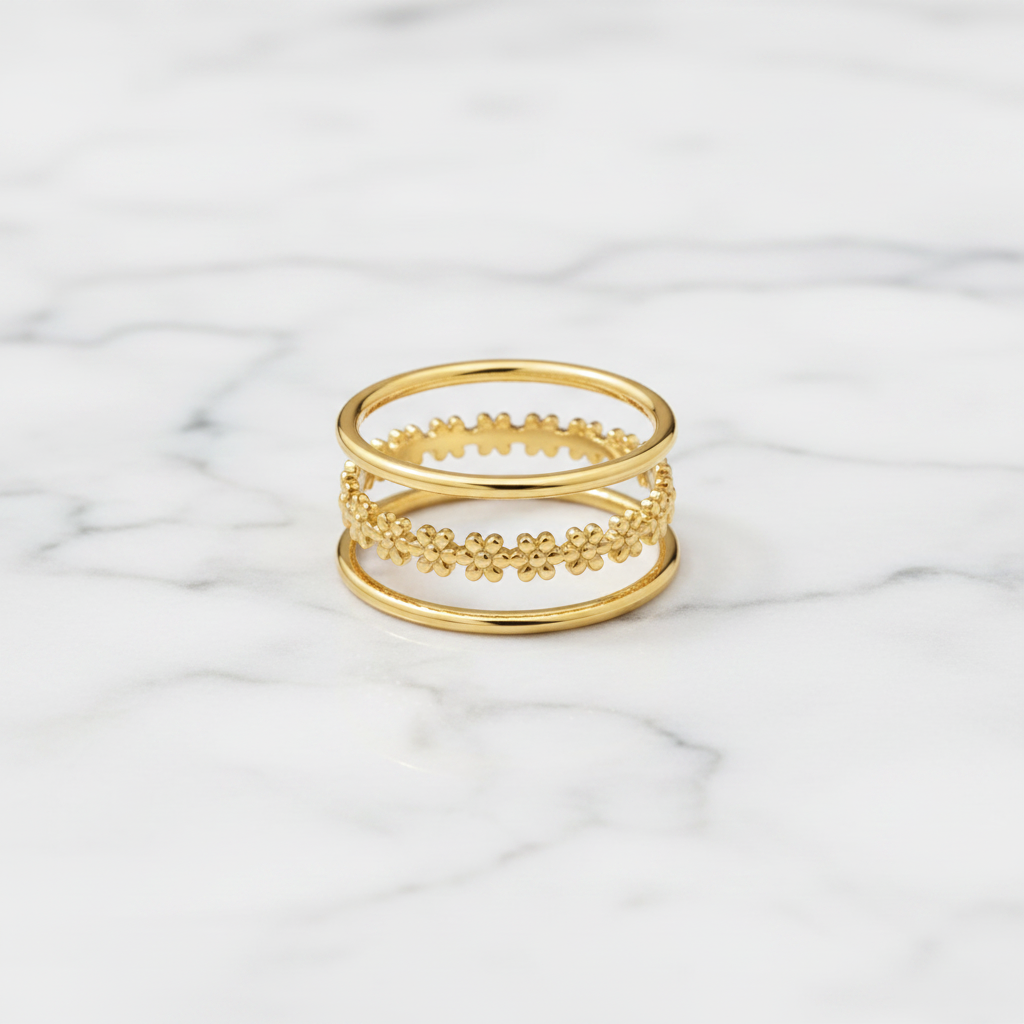 Gold Triple Band Daisy Chain Open Ring - white marble product shot