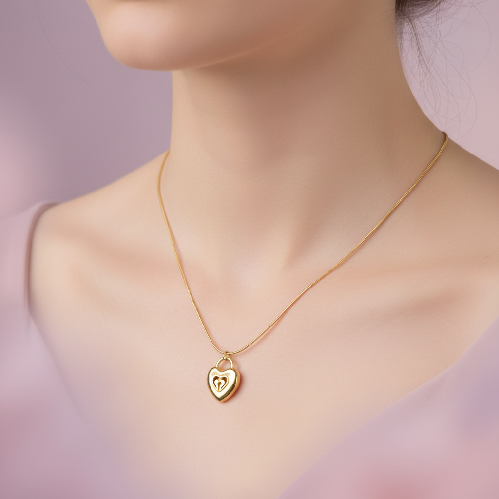 Gold Heart Locket Pendant Necklace - Stainless Steel Snake Chain