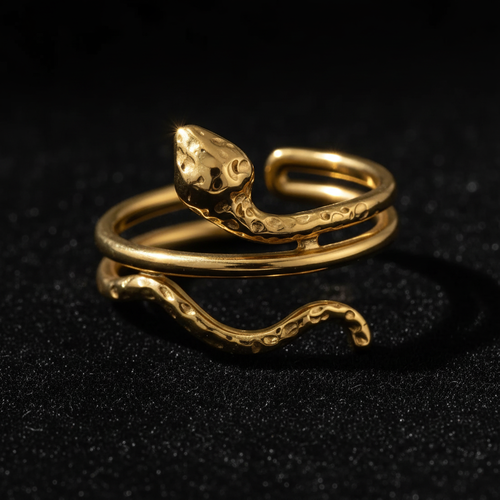 Gold Serpent Snake Wrap Open Ring - black velvet dramatic editorial shot