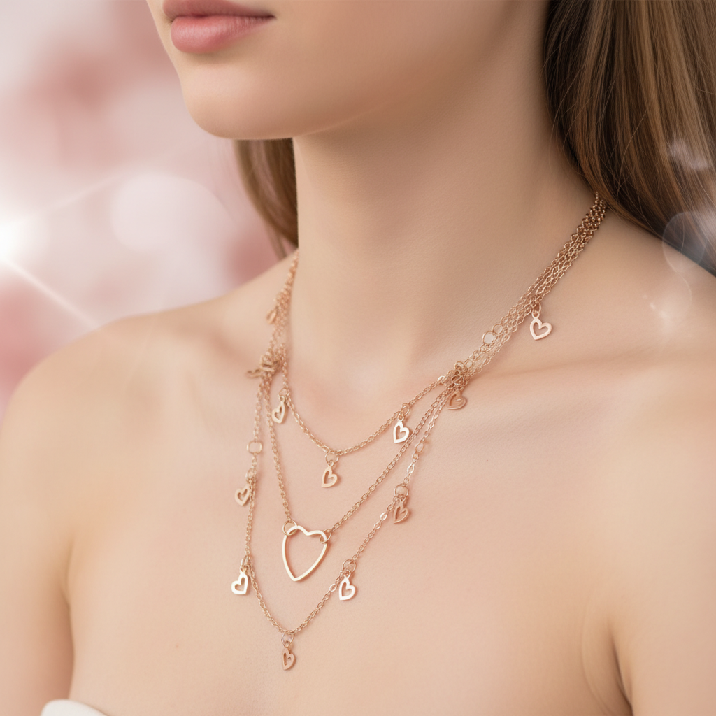Rose Gold Triple Layer Heart Charm Necklace - Hollow Heart Charms & Open Heart Pendant