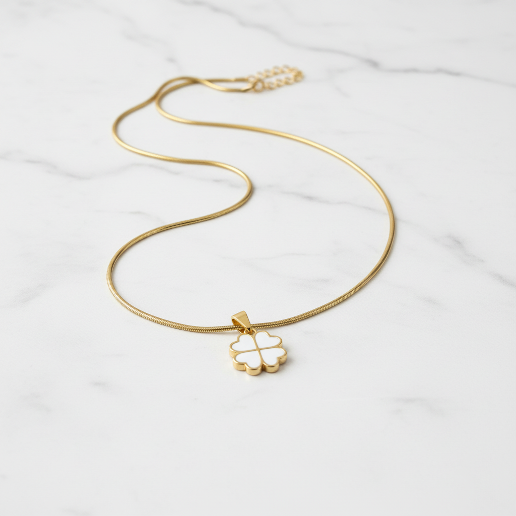 White Enamel 4-Leaf Clover Pendant Necklace | Anti-Tarnish Gold Snake Chain