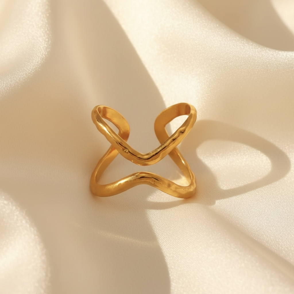 Gold Hammered Double X Crossover Open Cuff Ring - cream silk fabric close-up