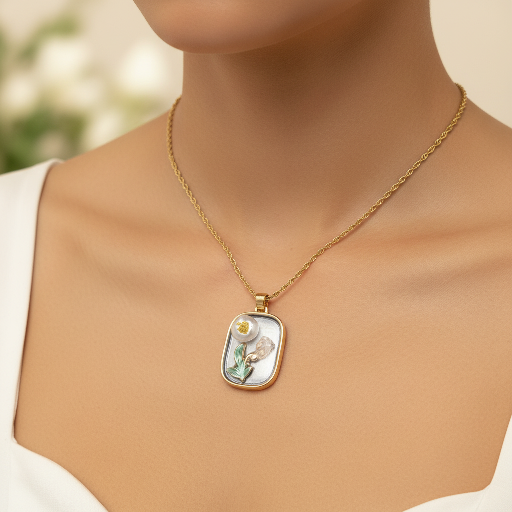 Gold Rectangular Pearl & Teal Tulip Pendant Necklace - Pearl Bloom & Enamel Flower