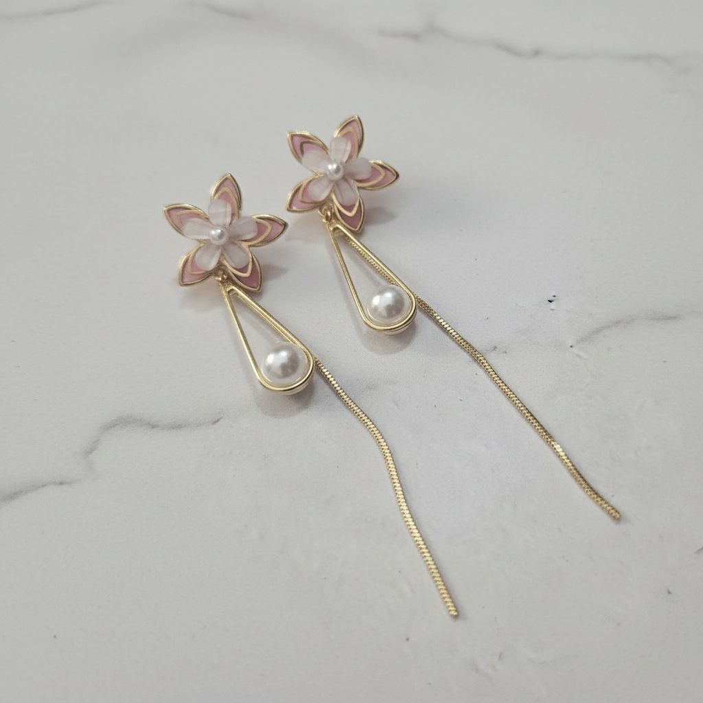 Gold Pink Flower Pearl Drop Earrings