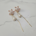 Gold Pink Flower Pearl Drop Earrings