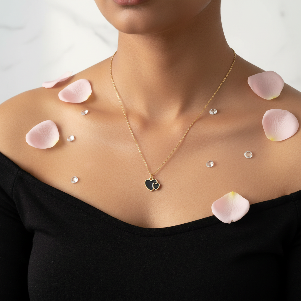 Model wearing double black enamel heart charm necklace on gold cable chain - two overlapping hearts with gold outline